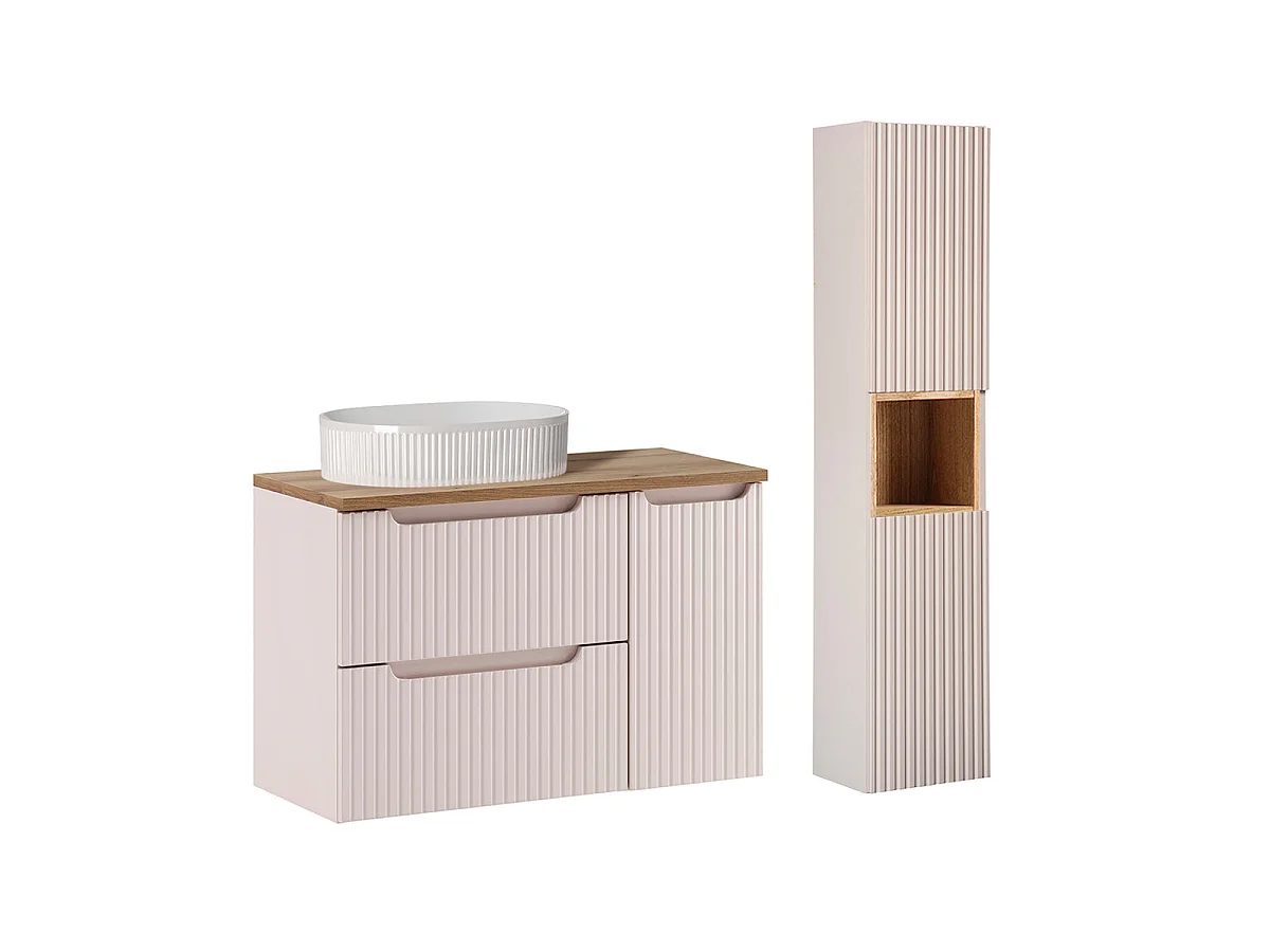 Riva 90-cm Single-Sink Vanity Set with 3 Drawers and Tall Cabinet in Cashmere and Wood