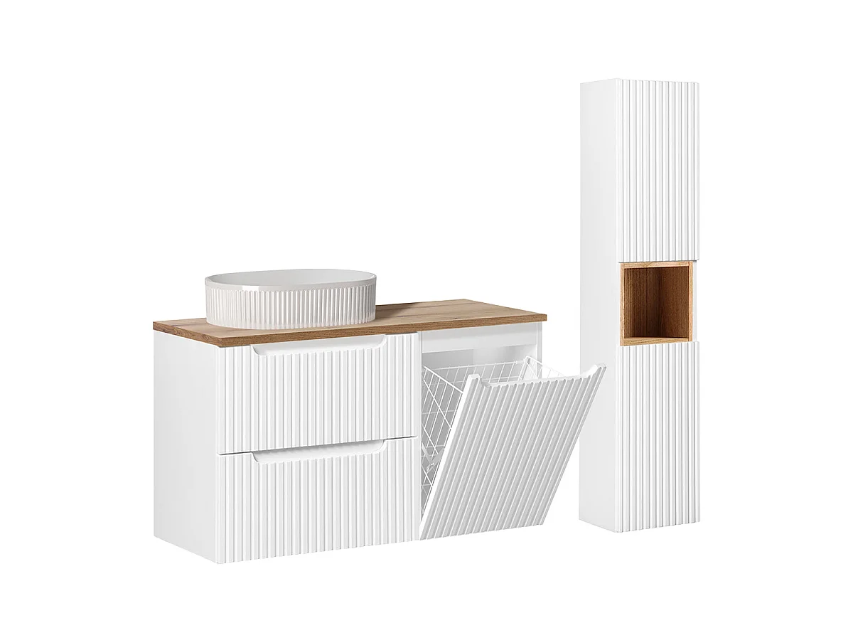 100-cm Single-Sink Vanity Set with Laundry Basket, 2 Drawers, and Tall Cabinet—Riva White and Wood