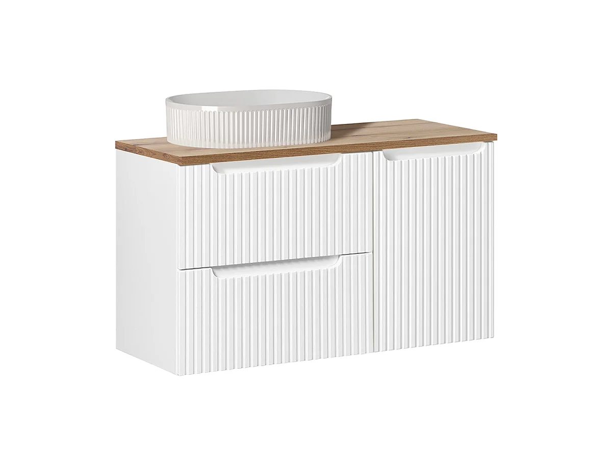 100-cm Single-Sink Vanity Set with Laundry Basket, 2 Drawers, and Tall Cabinet—Riva White and Wood