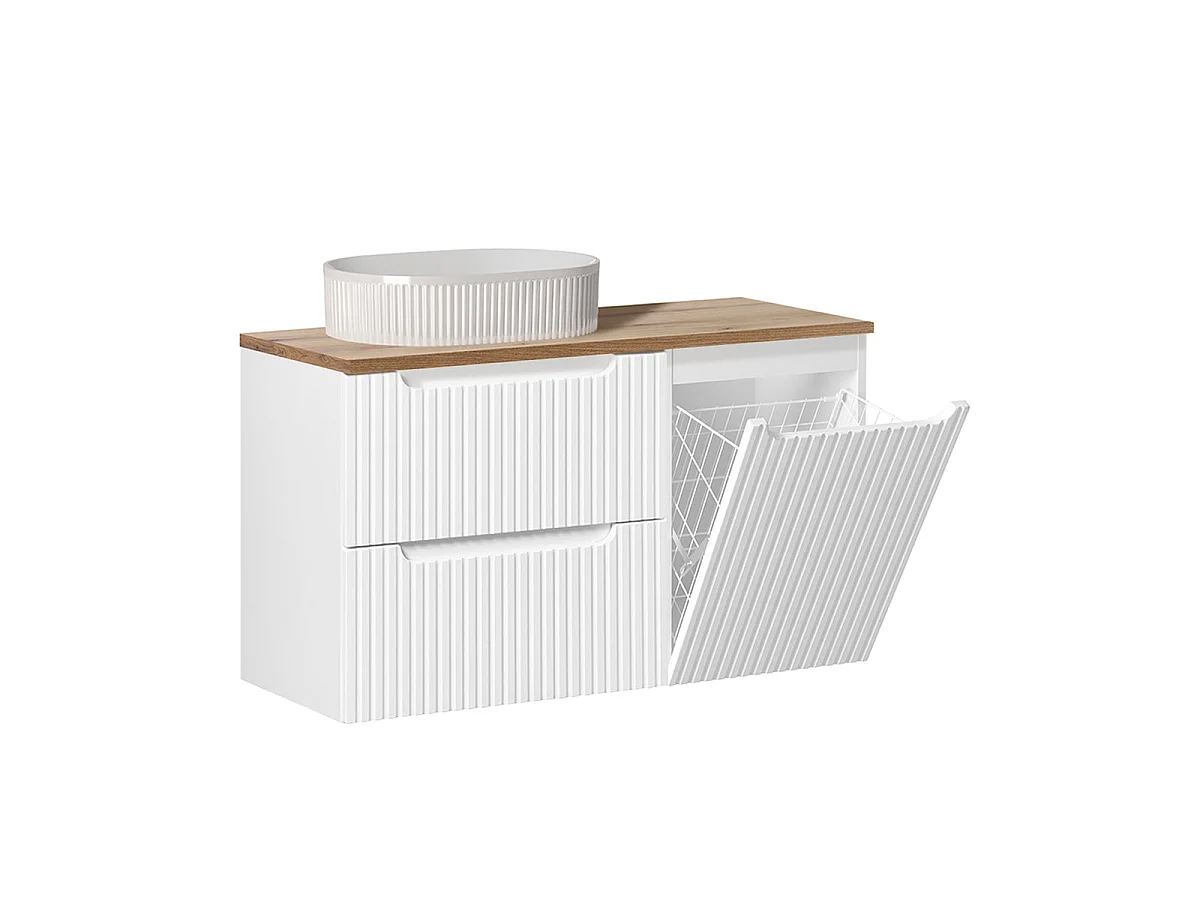 100-cm Single-Sink Vanity Set with Laundry Basket, 2 Drawers, and Tall Cabinet—Riva White and Wood