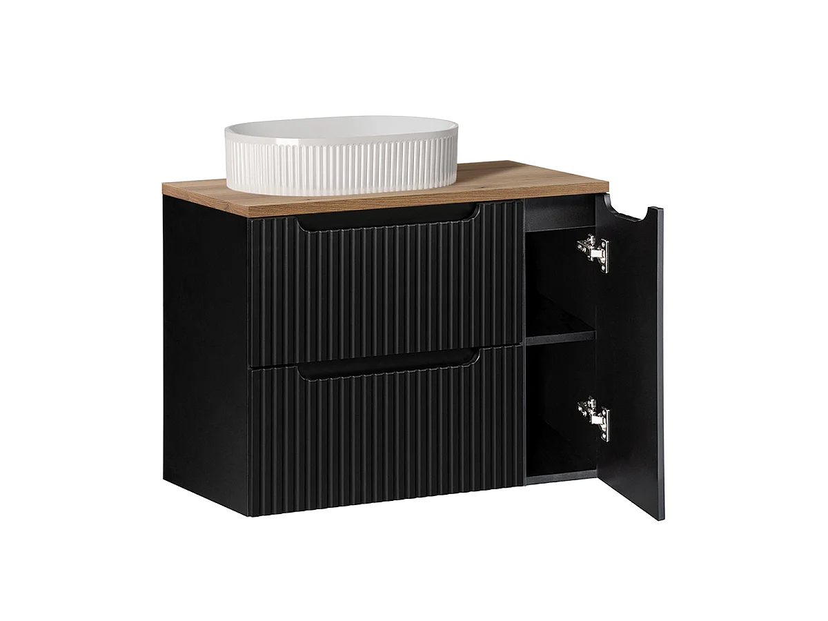 Wastafelmeubel met enkele wasbak, 80 cm, 2 lades, 1 deur, Riva Zwart en Hout