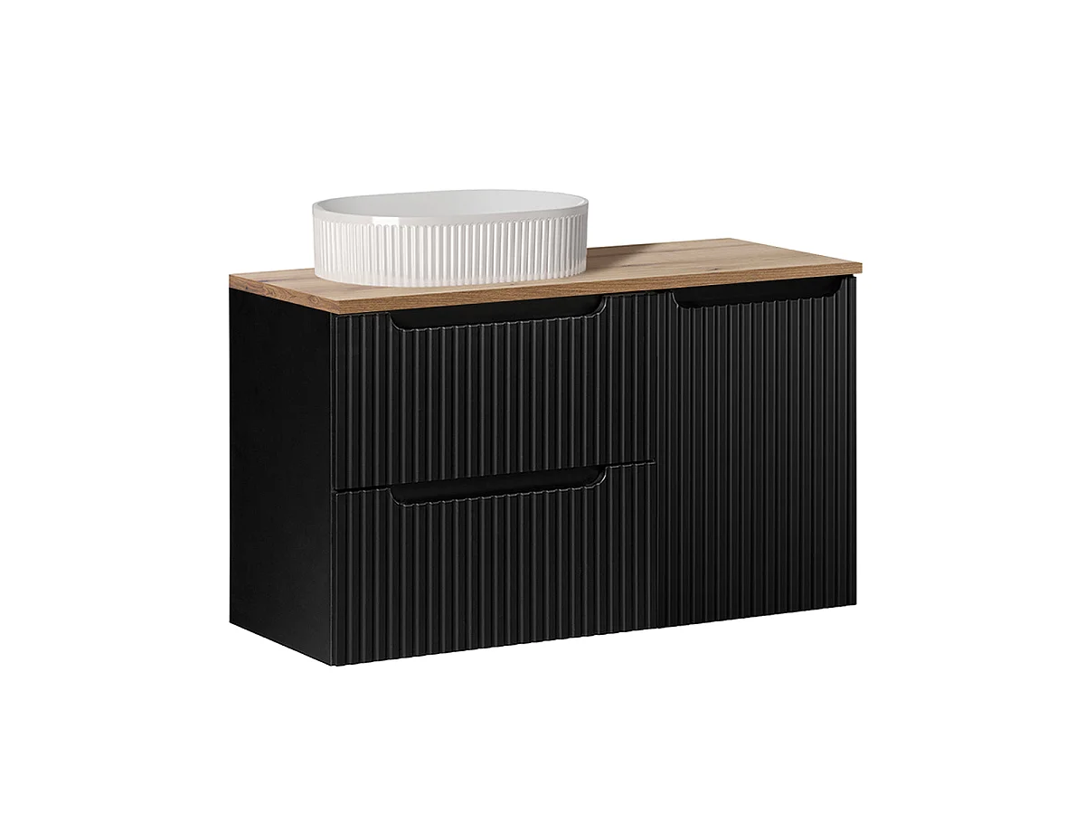 Wastafelmeubel met enkele wasbak, 100 cm, wasmand en 2 lades, Riva, zwart en hout