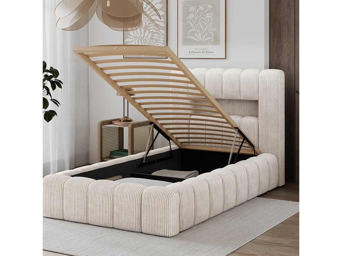 Letto contenitore 90x200 con rete e luci LED incluse Auria in velluto a coste beige