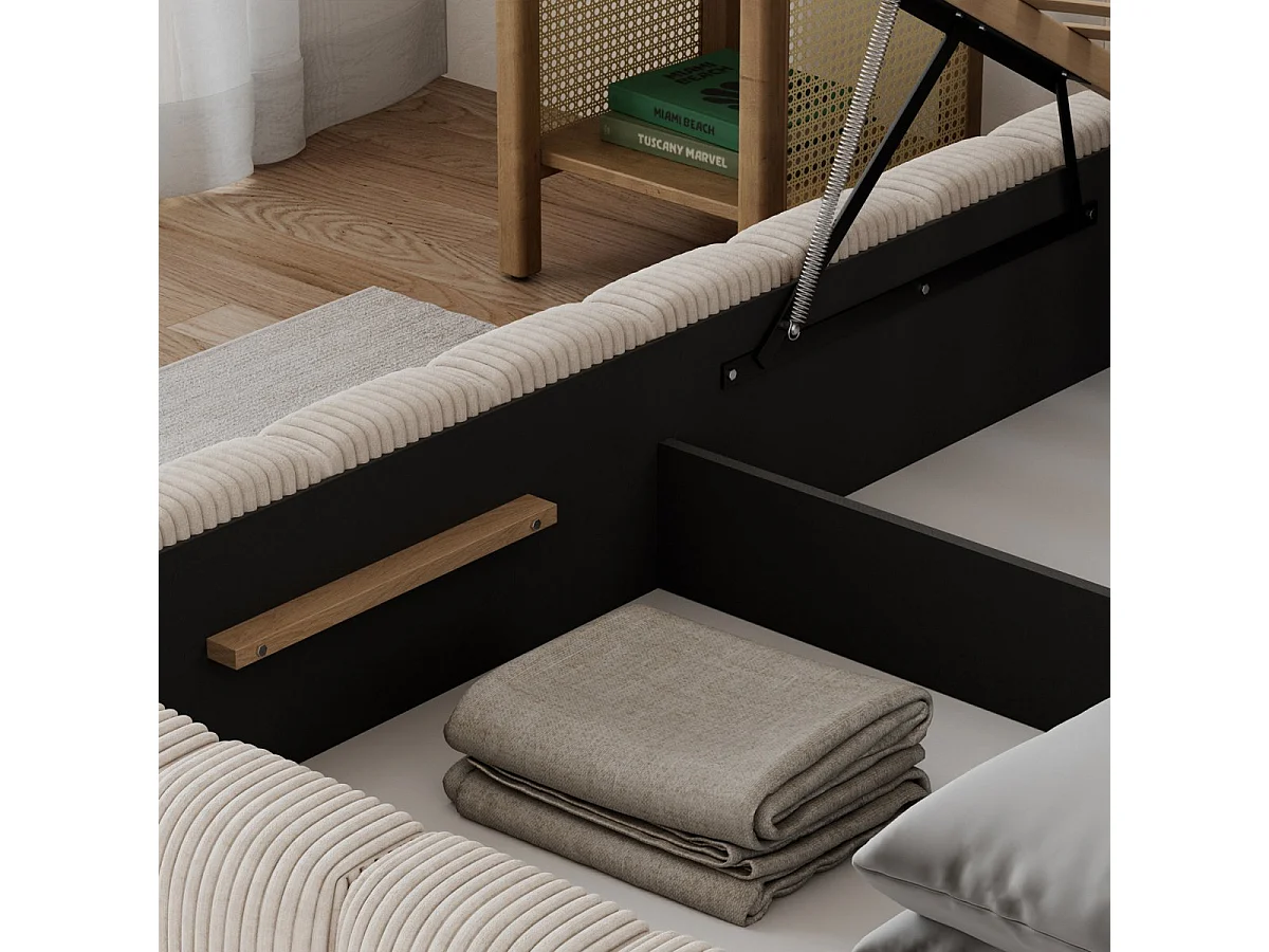 Letto contenitore 90x200 con rete e luci LED incluse Auria in velluto a coste beige