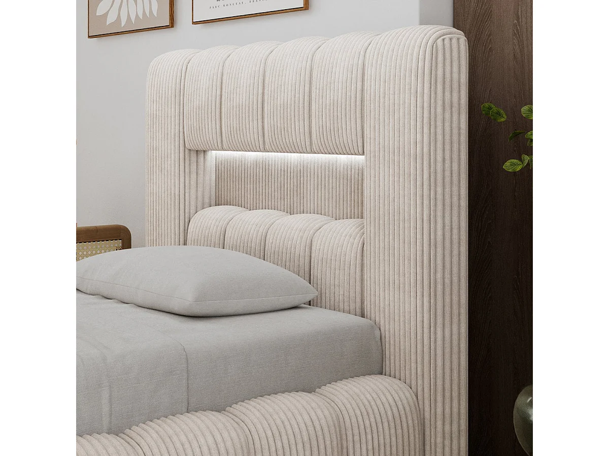 Letto contenitore 90x200 con rete e luci LED incluse Auria in velluto a coste beige