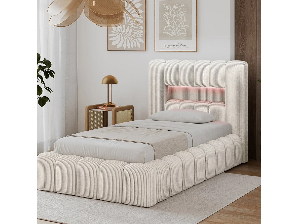 Letto contenitore 90x200 con rete e luci LED incluse Auria in velluto a coste beige