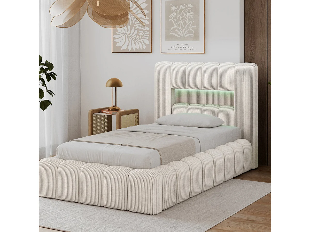 Letto contenitore 90x200 con rete e luci LED incluse Auria in velluto a coste beige