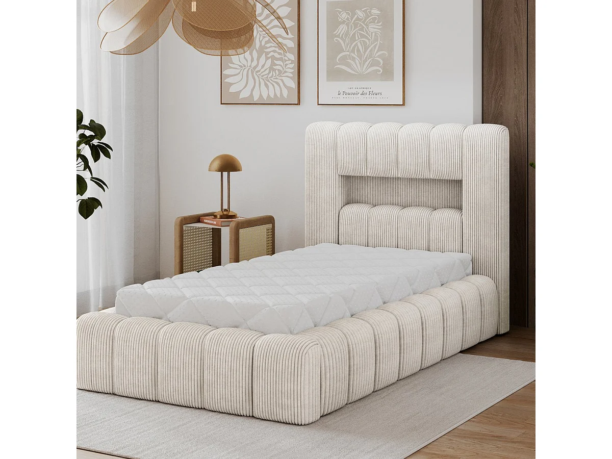 Letto contenitore 90x200 con rete e luci LED incluse Auria in velluto a coste beige