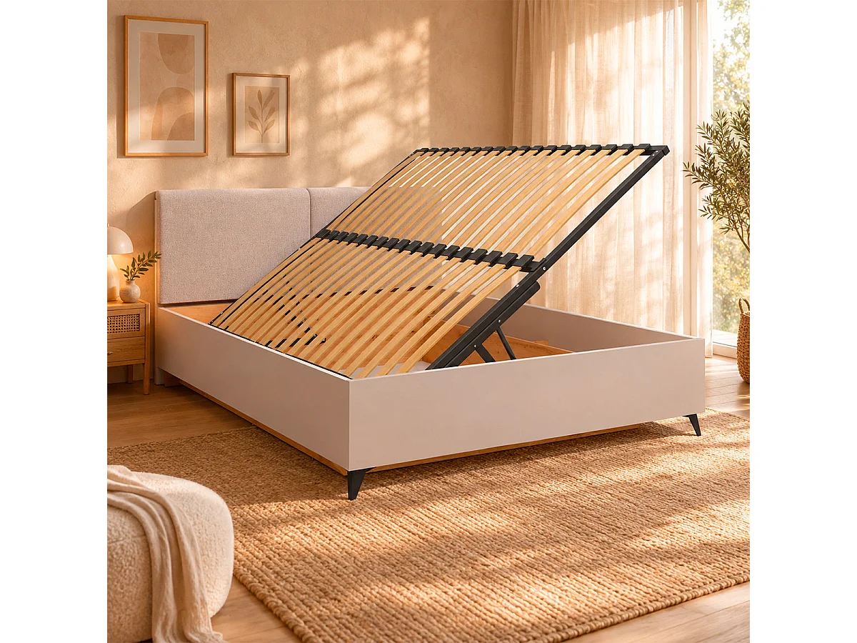160x200 Storage Bed with Mattress Base Included, Side-Opening, Vicky Cashmere and Wood