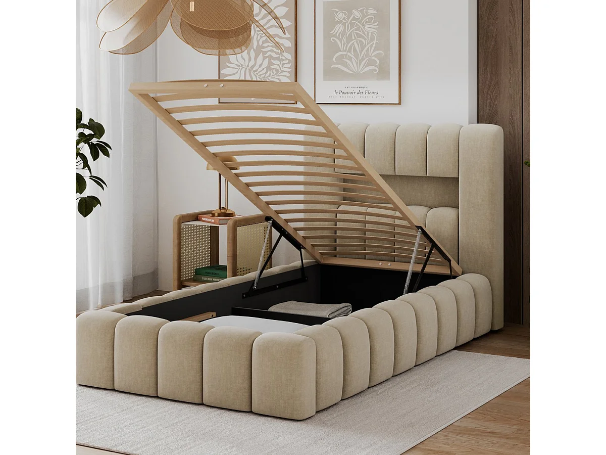 Lit coffre 90x200 sommier et LED inclus Auria Velours Beige