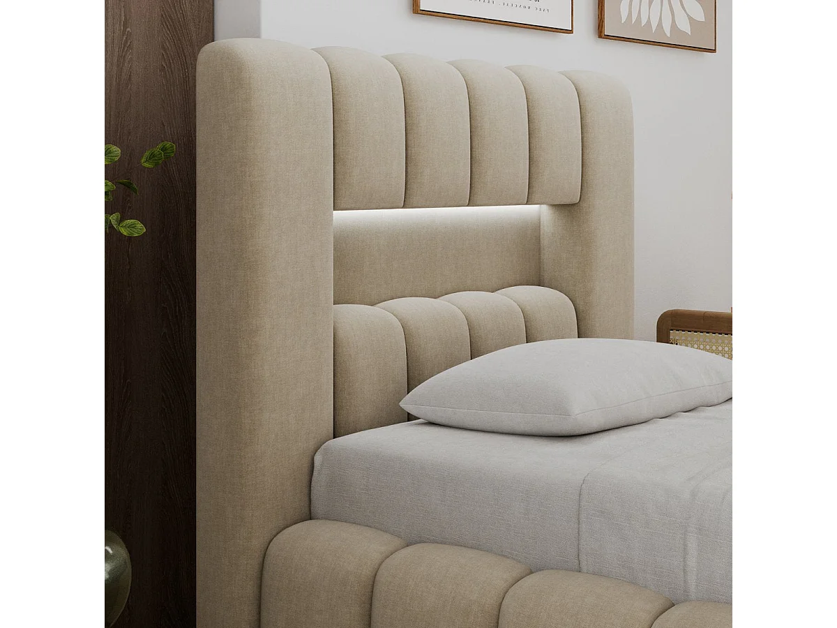 Lit coffre 90x200 sommier et LED inclus Auria Velours Beige