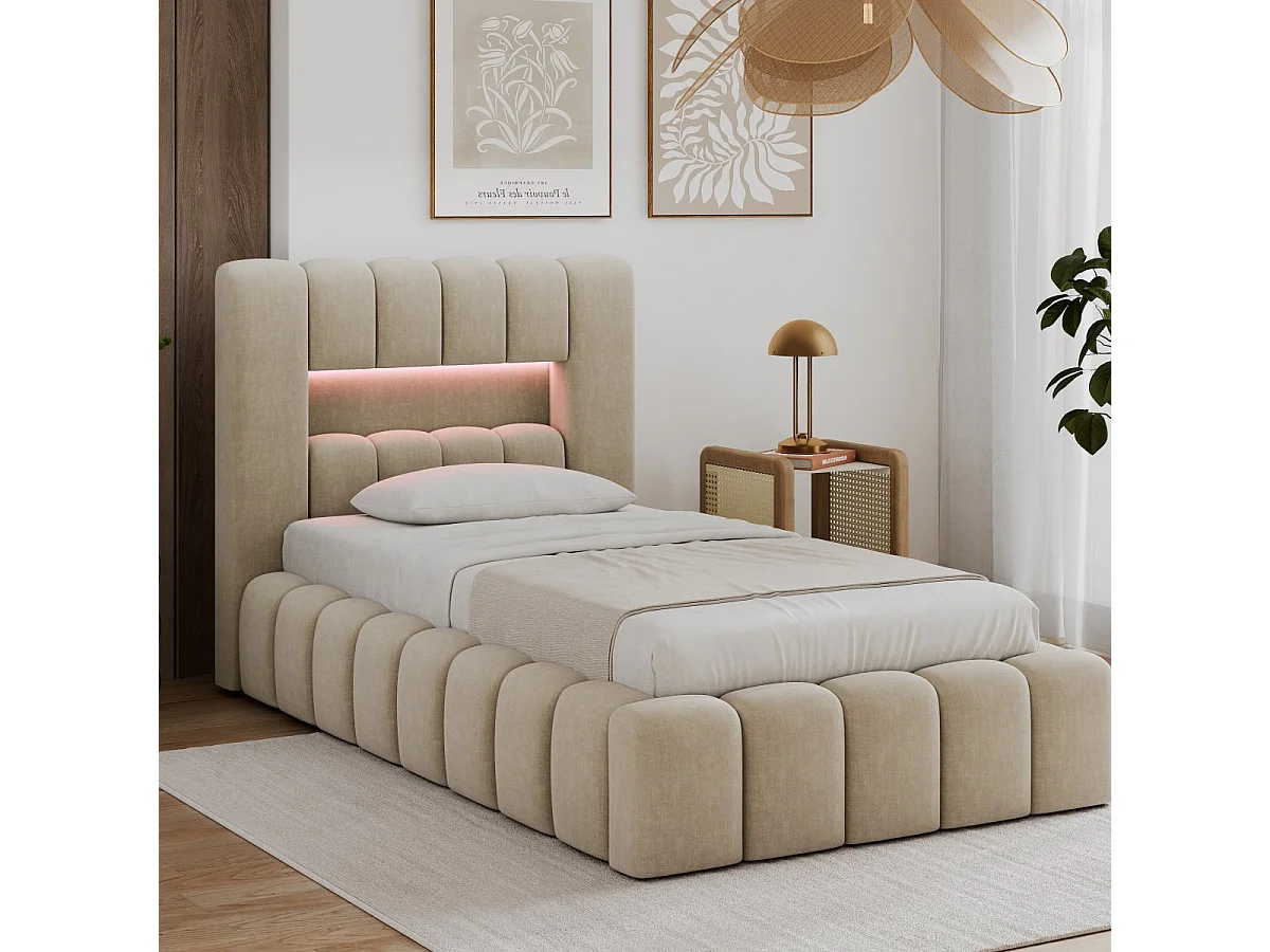 Lit coffre 90x200 sommier et LED inclus Auria Velours Beige
