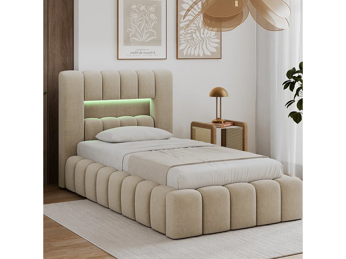 Lit coffre 90x200 sommier et LED inclus Auria Velours Beige