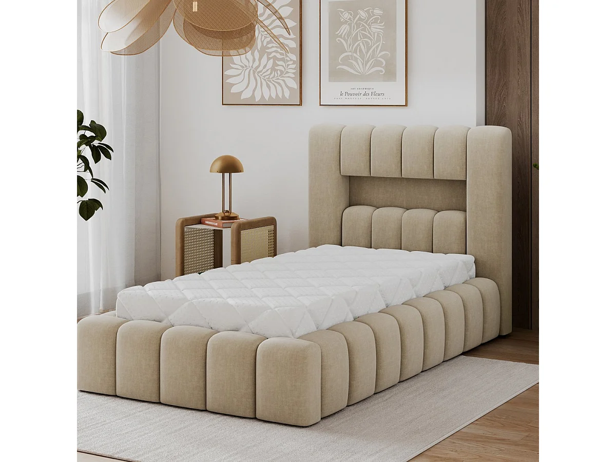 Lit coffre 90x200 sommier et LED inclus Auria Velours Beige