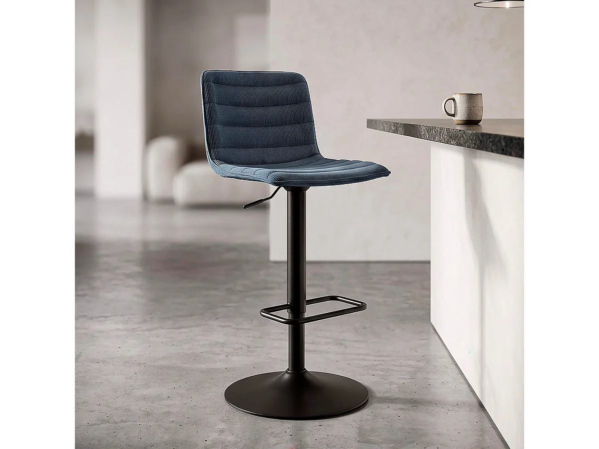 Lote de 2 taburetes de bar ajustables de 61 a 83 cm, de tela y metal, en azul Mason y negro