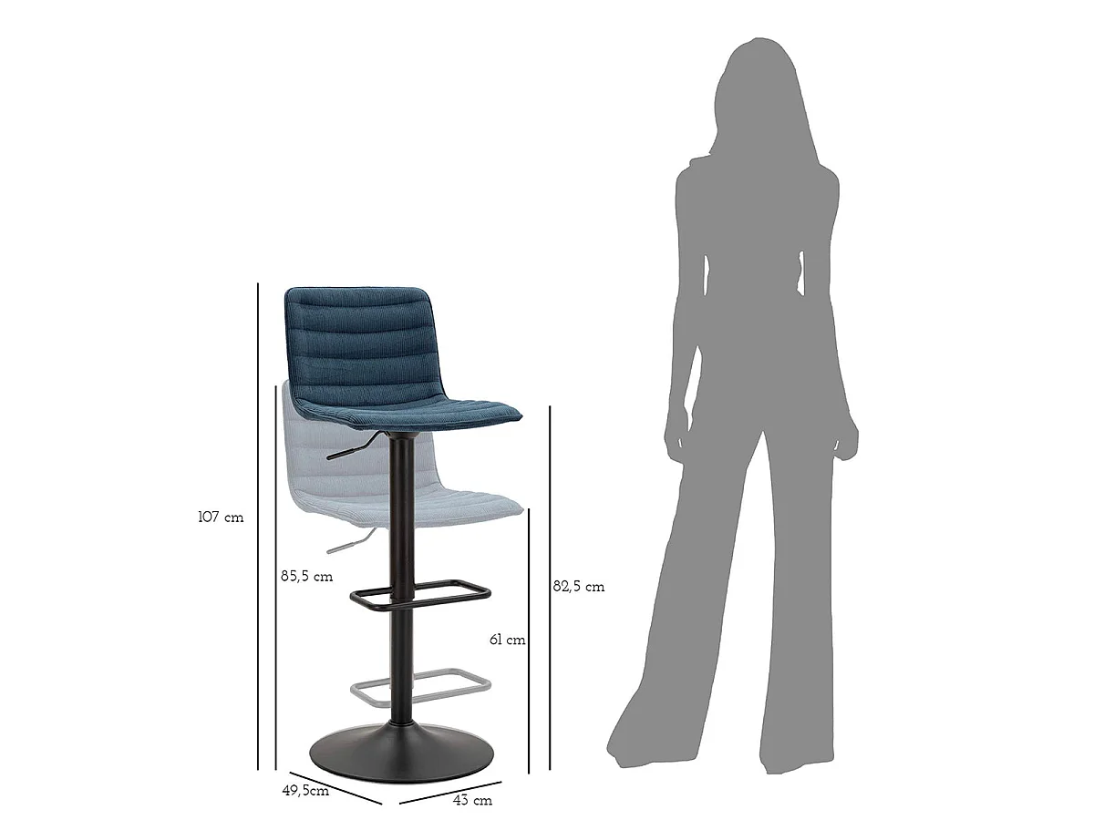 Lote de 2 taburetes de bar ajustables de 61 a 83 cm, de tela y metal, en azul Mason y negro