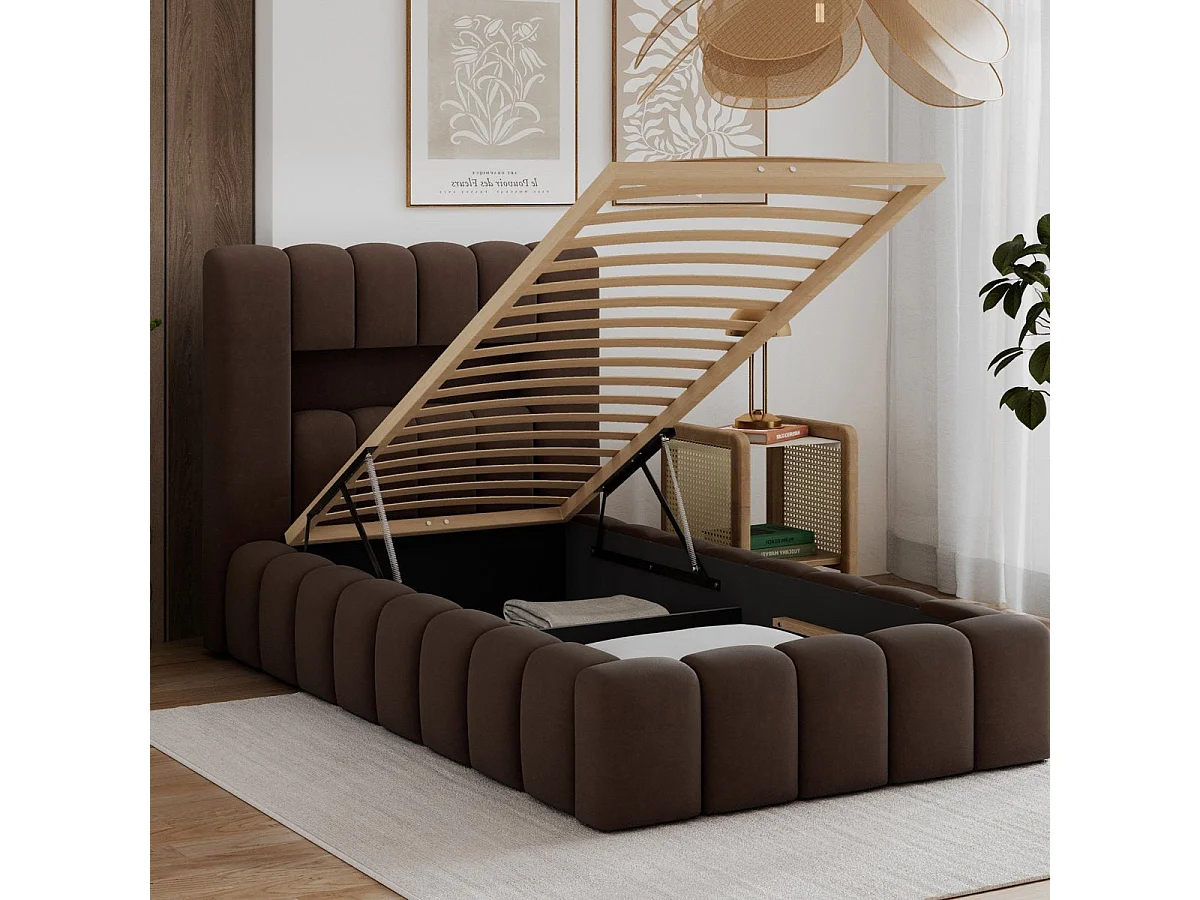 Lit coffre 90x200 sommier et LED inclus Auria Marron Foncé