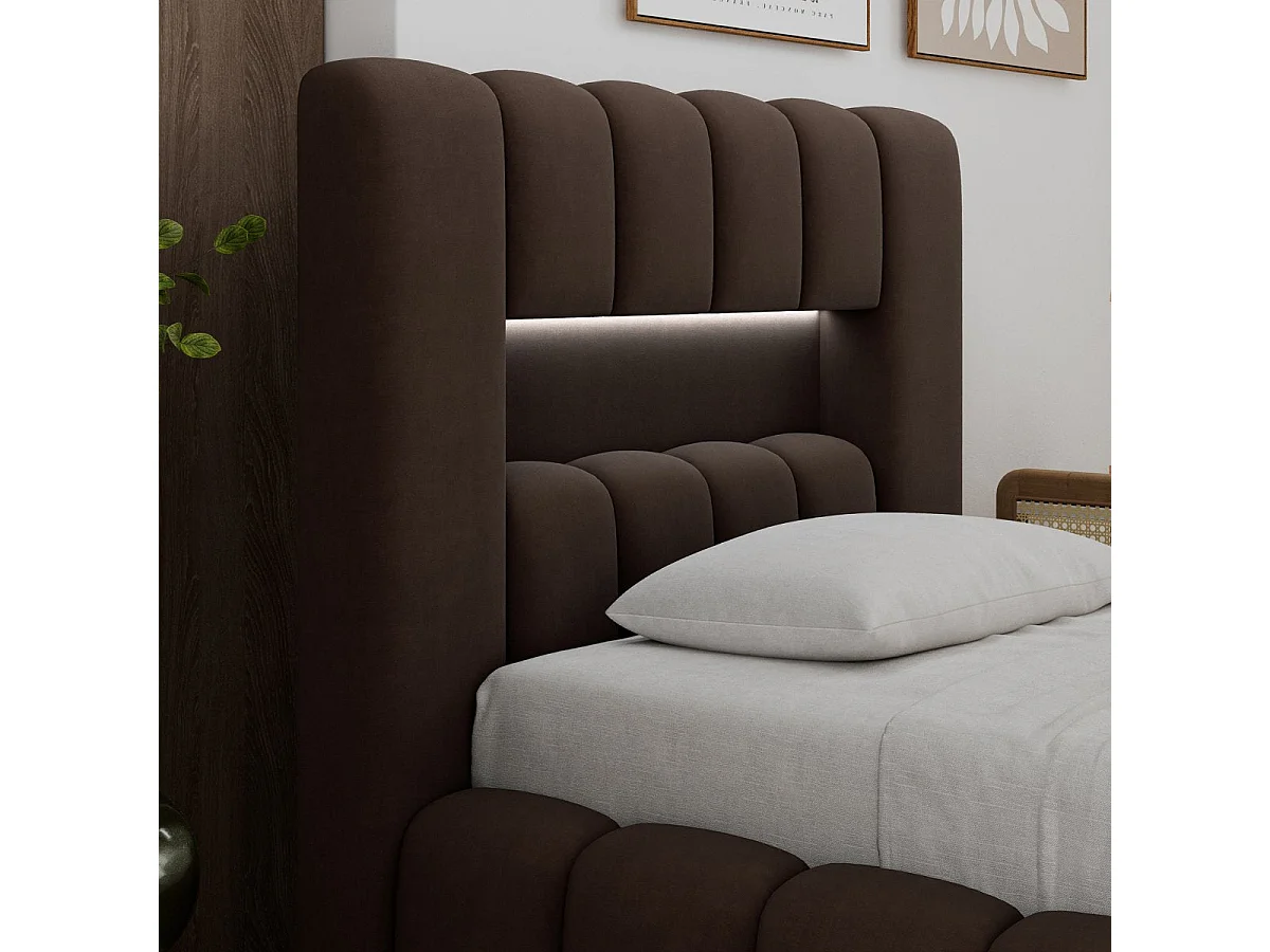 Lit coffre 90x200 sommier et LED inclus Auria Marron Foncé