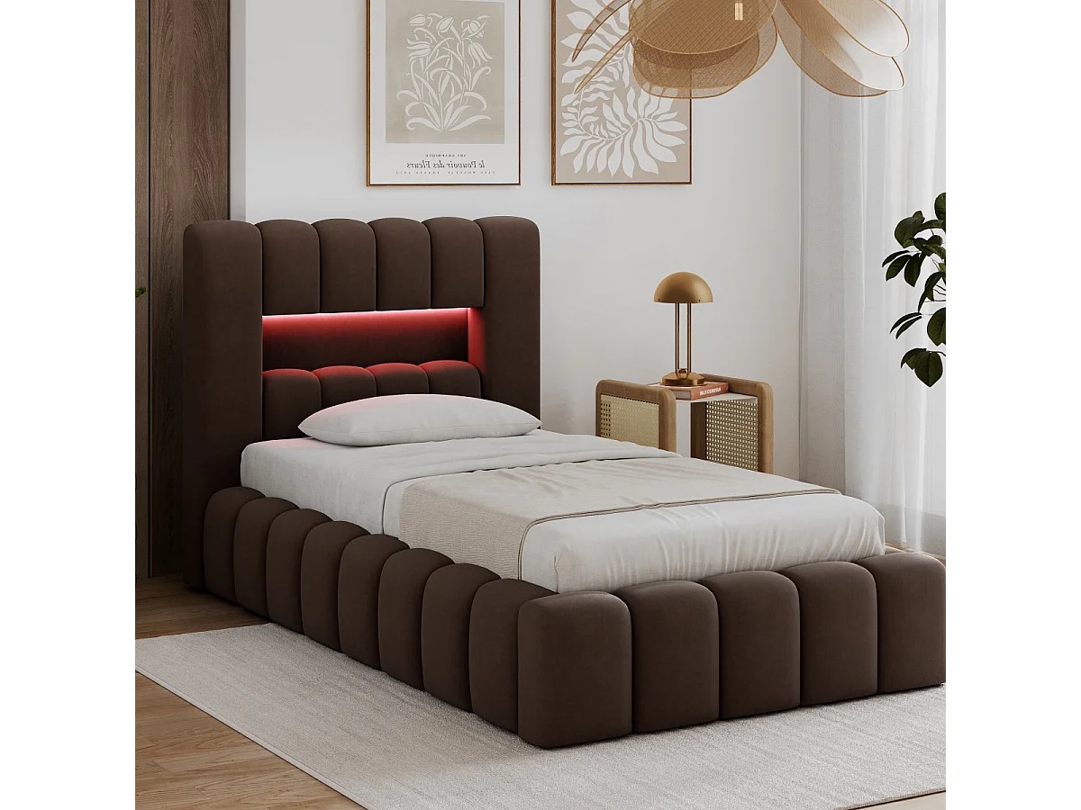 Lit coffre 90x200 sommier et LED inclus Auria Marron Foncé