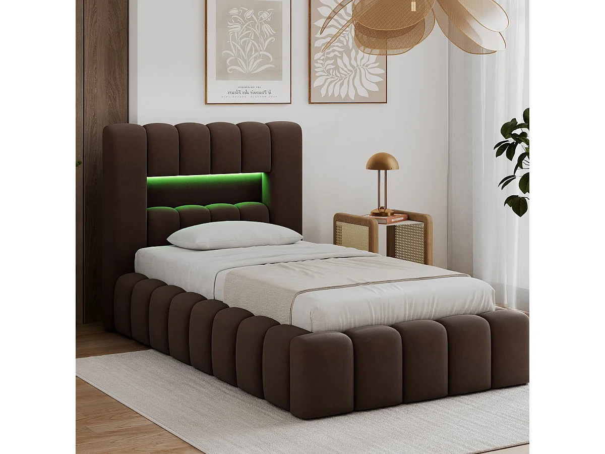 Lit coffre 90x200 sommier et LED inclus Auria Marron Foncé
