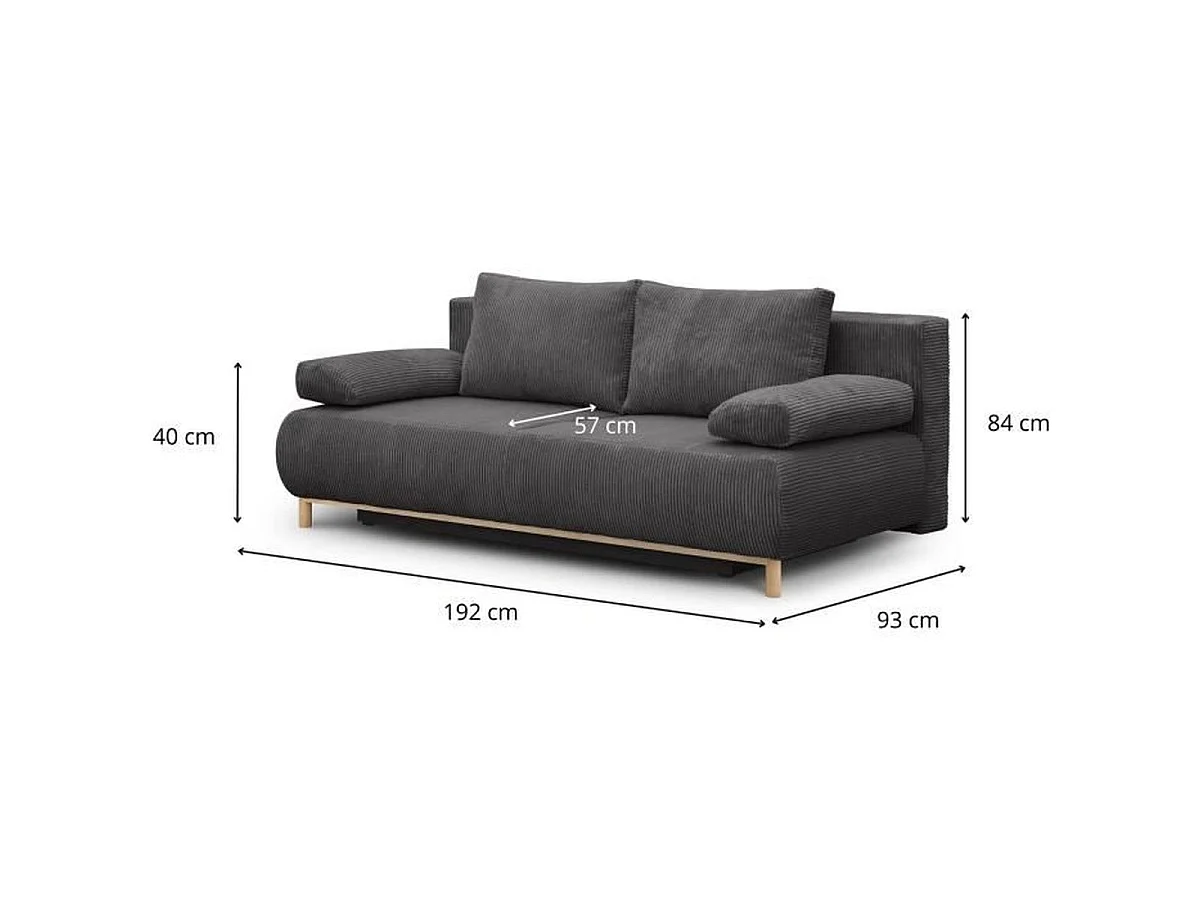 MIKA Canapé 3 places convertible en velours côtelé gris foncé avec coffre - L 192 x P 93 x H 84 cm