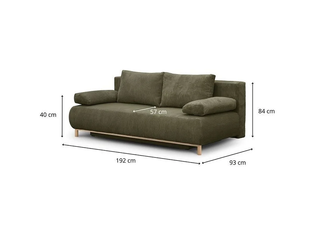 MIKA Canapé 3 places convertible en velours côtelé kaki avec coffre, L192 x H84 x P93 cm