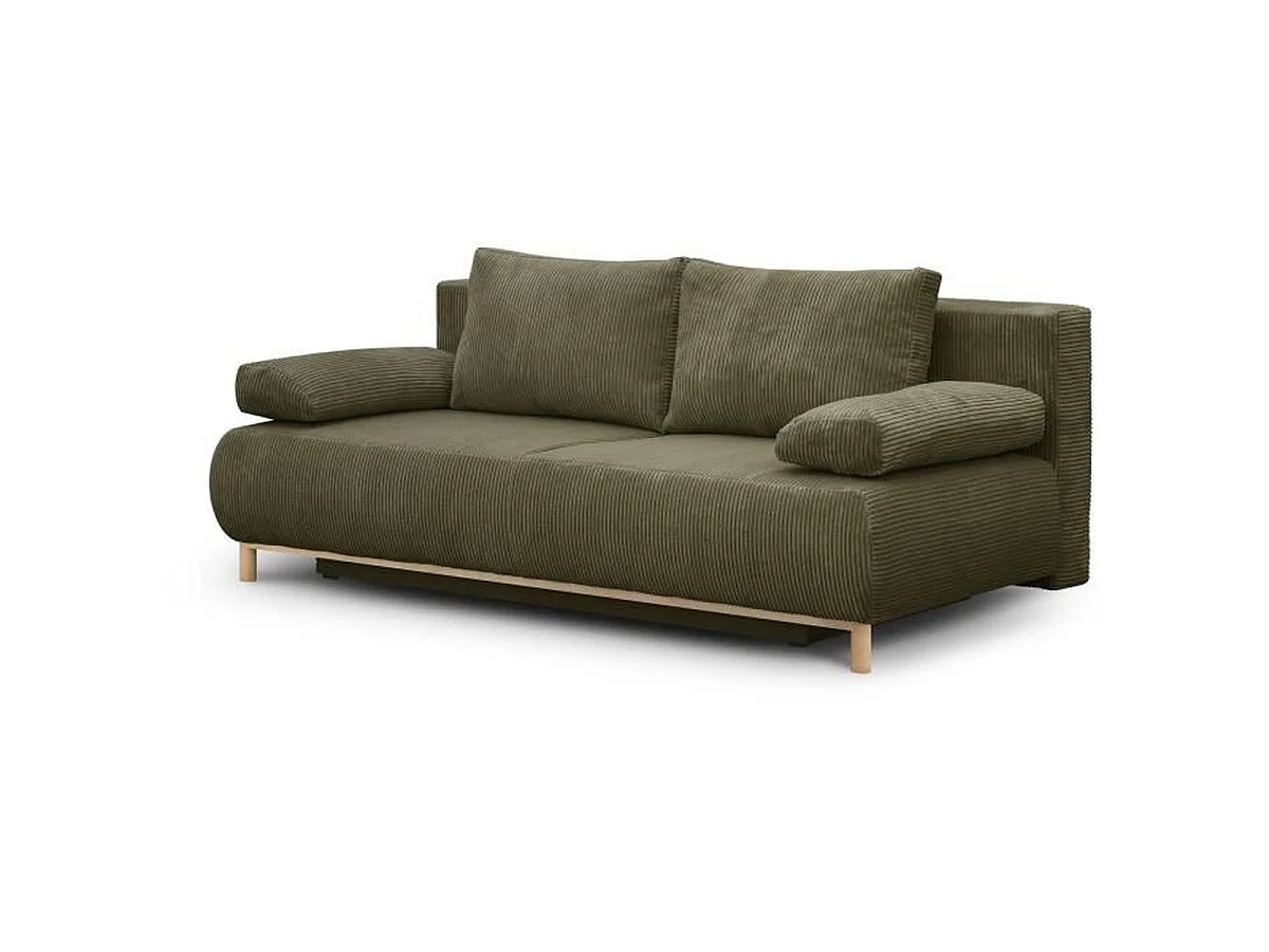 MIKA Canapé 3 places convertible en velours côtelé kaki avec coffre, L192 x H84 x P93 cm