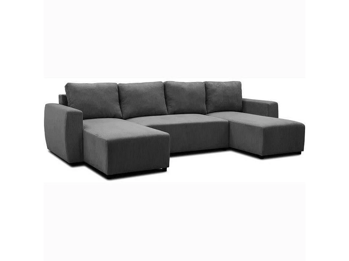 Canapé d'angle convertible panoramique PHARELL 5/6 places velours côtelé anthracite avec coffre - L297 x P155 x H85 cm