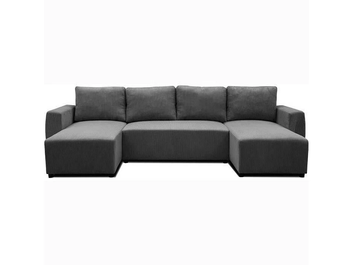 Canapé d'angle convertible panoramique PHARELL 5/6 places velours côtelé anthracite avec coffre - L297 x P155 x H85 cm