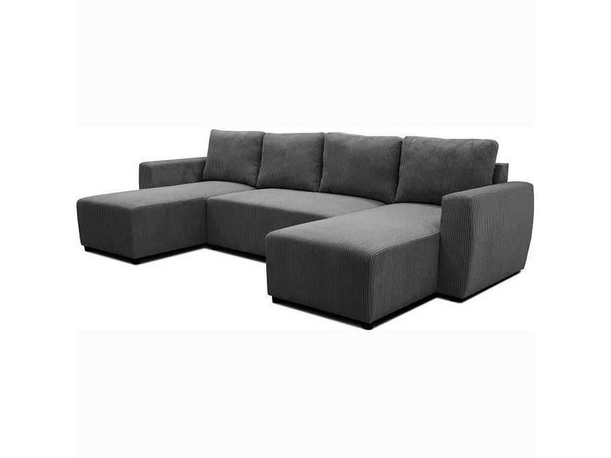 Canapé d'angle convertible panoramique PHARELL 5/6 places velours côtelé anthracite avec coffre - L297 x P155 x H85 cm