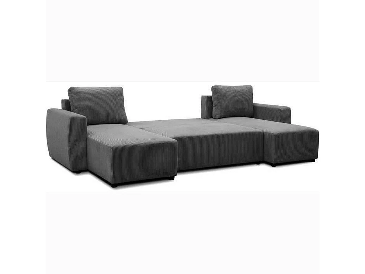 Canapé d'angle convertible panoramique PHARELL 5/6 places velours côtelé anthracite avec coffre - L297 x P155 x H85 cm