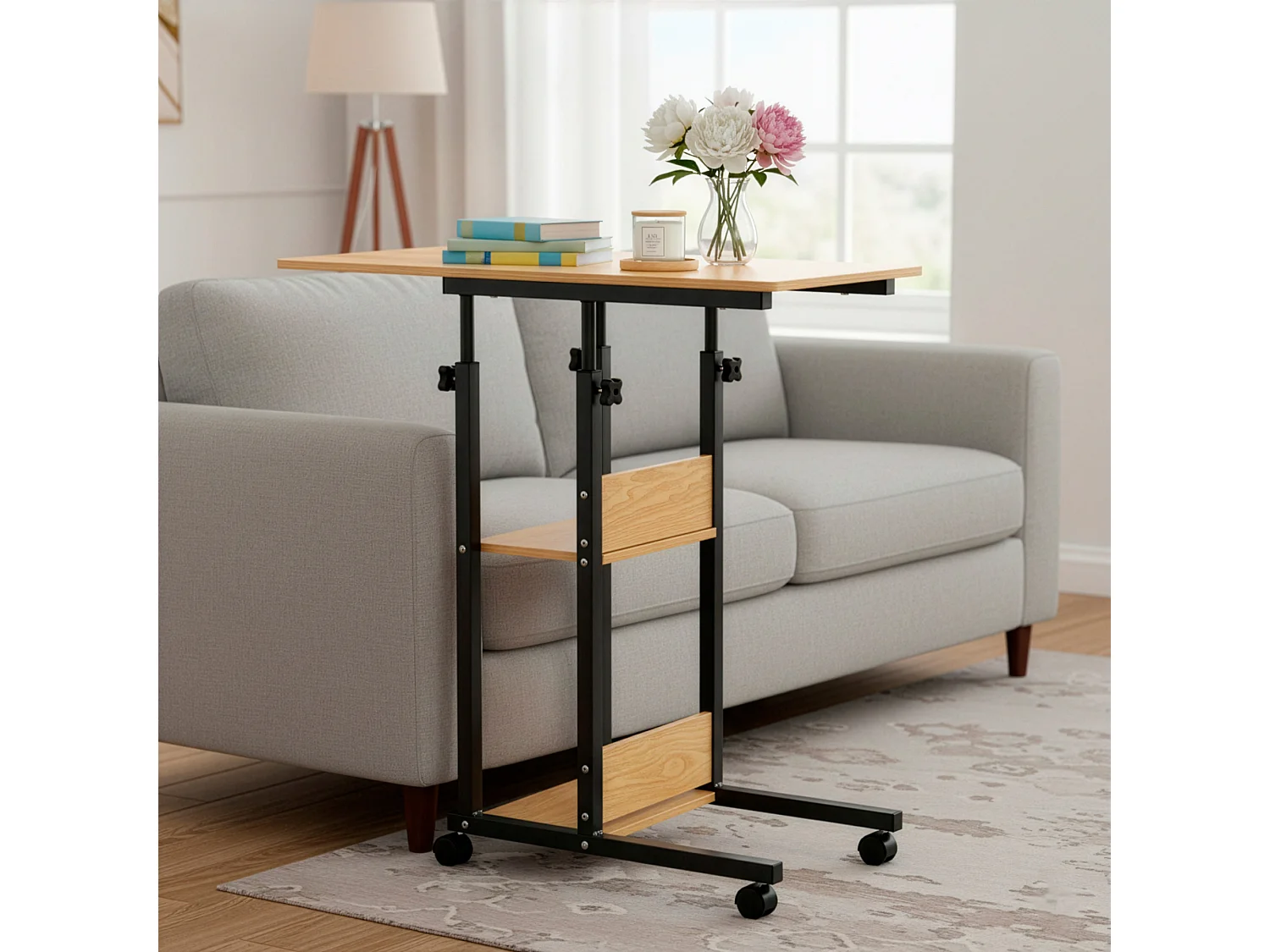 Table d'ordinateur portable mobile sur roulettes, réglable en hauteur 76–86 cm – marron clair