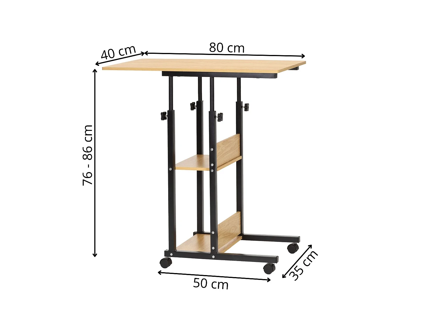 Table d'ordinateur portable mobile sur roulettes, réglable en hauteur 76–86 cm – marron clair