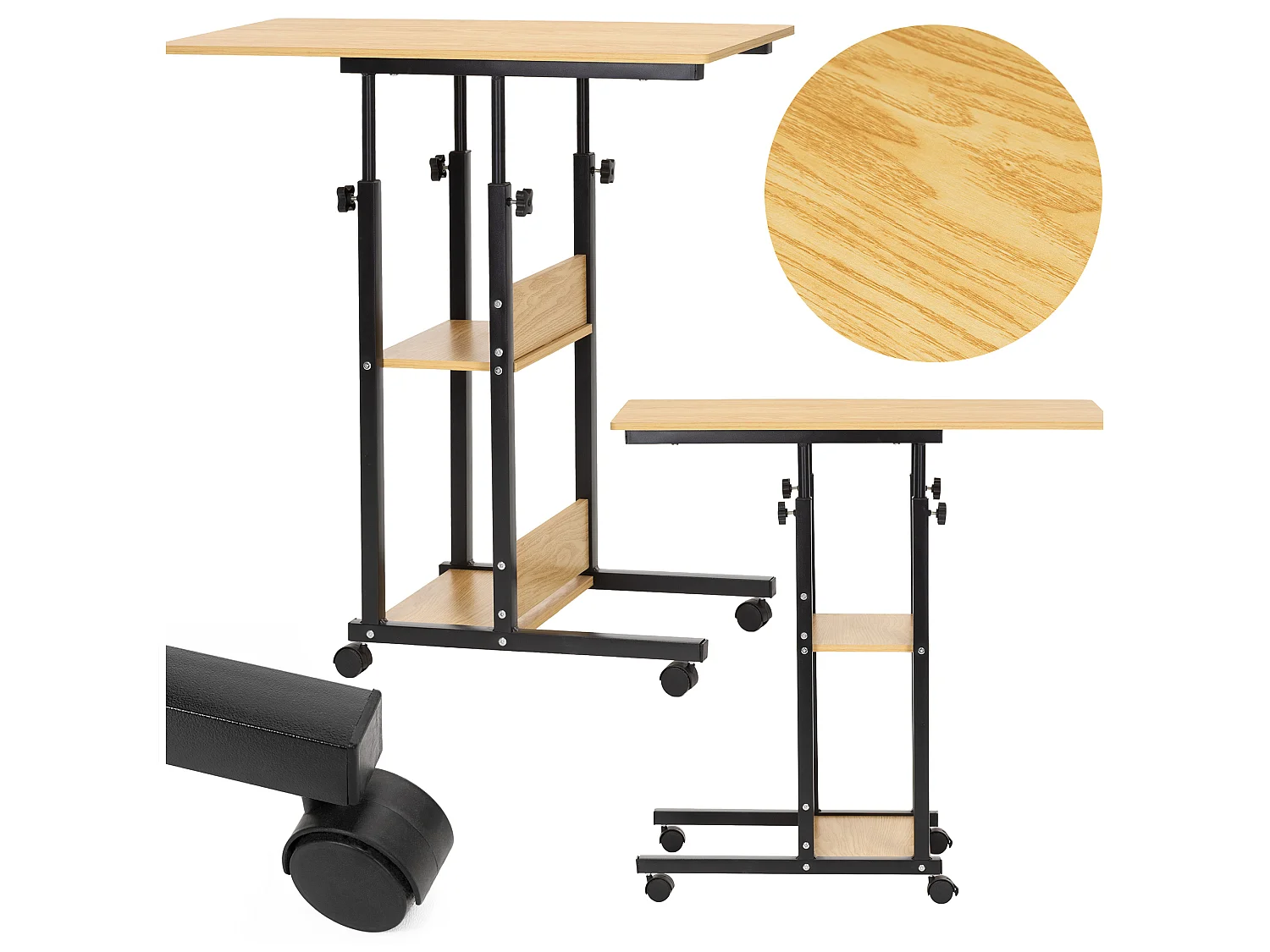 Table d'ordinateur portable mobile sur roulettes, réglable en hauteur 76–86 cm – marron clair