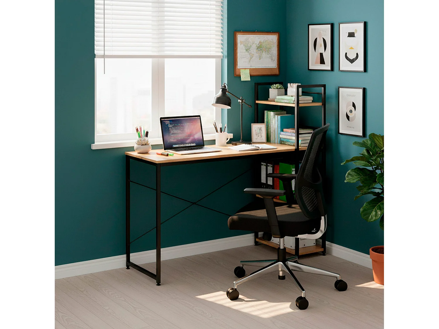 Bureau d'ordinateur moderne avec étagère 120 × 48 × 122 cm – Table industrielle style loft marron clair