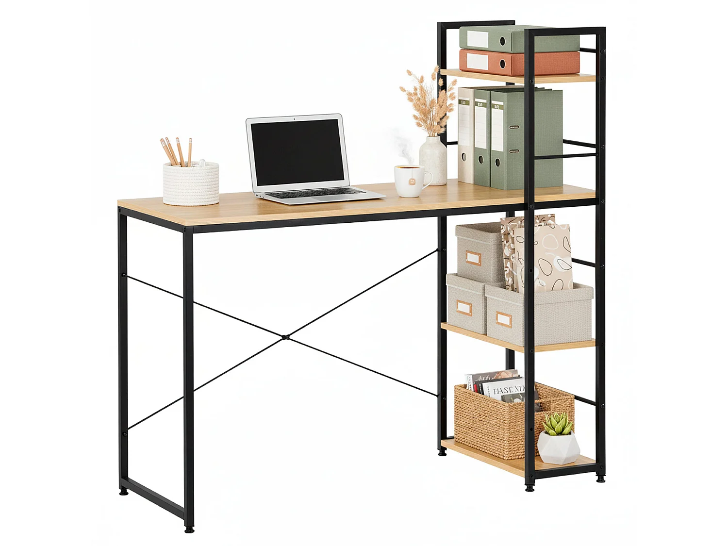 Bureau d'ordinateur moderne avec étagère 120 × 48 × 122 cm – Table industrielle style loft marron clair