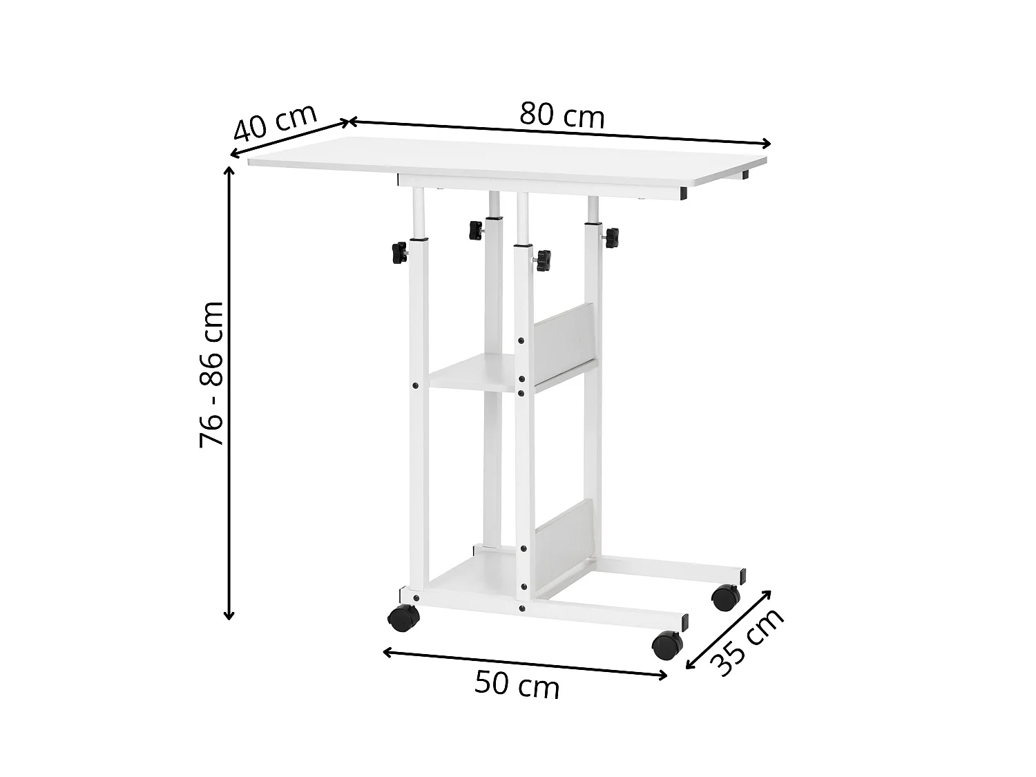 Table d'ordinateur portable mobile sur roulettes, réglable en hauteur 76–86 cm – blanche