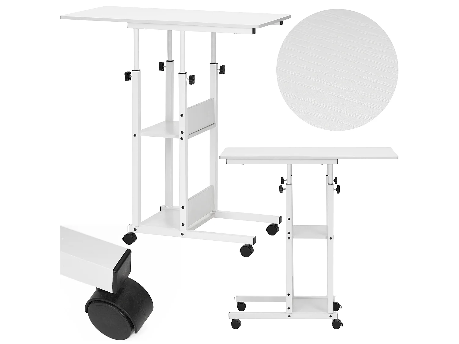 Table d'ordinateur portable mobile sur roulettes, réglable en hauteur 76–86 cm – blanche