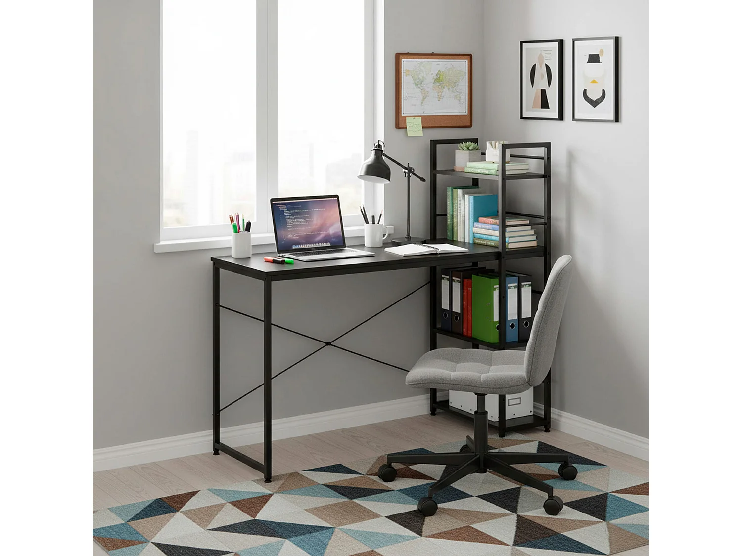 Bureau d'ordinateur moderne avec étagère 120 × 48 × 122 cm – Table industrielle Loft noire