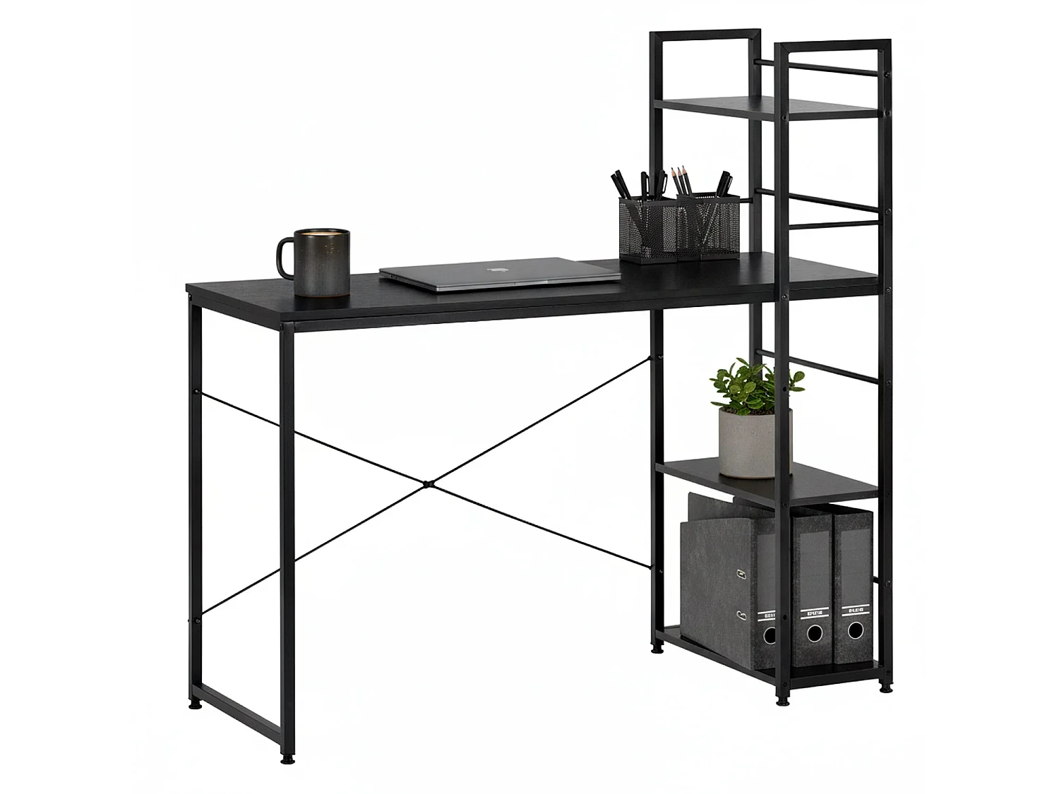 Bureau d'ordinateur moderne avec étagère 120 × 48 × 122 cm – Table industrielle Loft noire