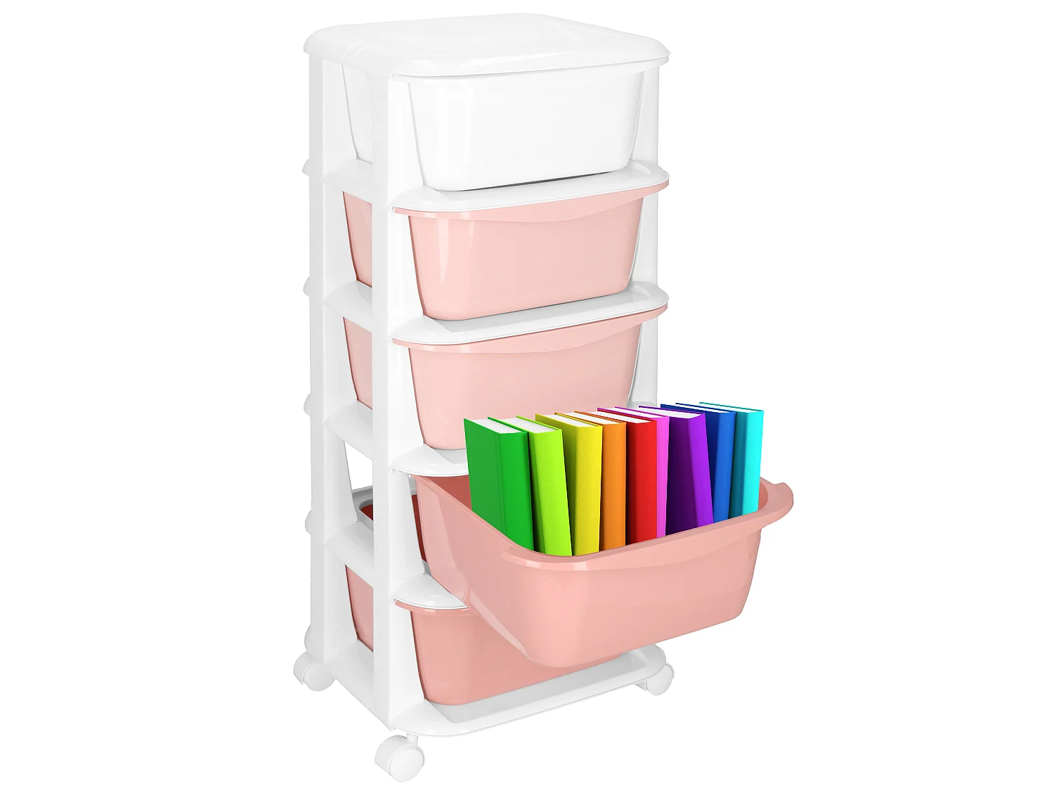 Étagère mobile à 5 tiroirs – meuble à roulettes pour jouets, rose et blanc