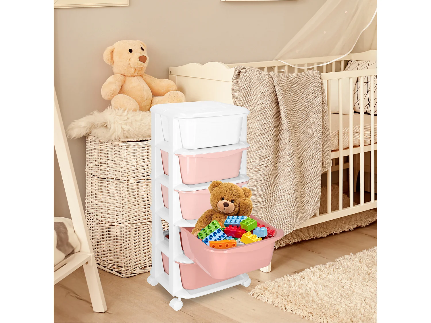 Étagère mobile à 5 tiroirs – meuble à roulettes pour jouets, rose et blanc