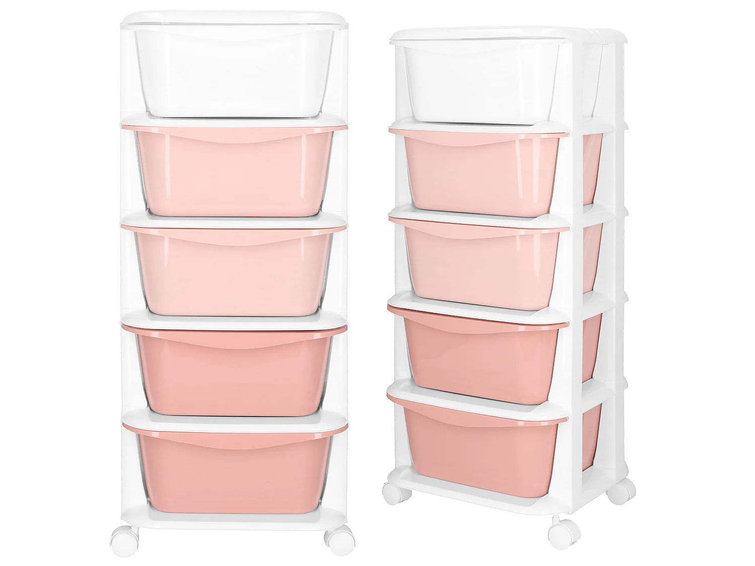Étagère mobile à 5 tiroirs – meuble à roulettes pour jouets, rose et blanc