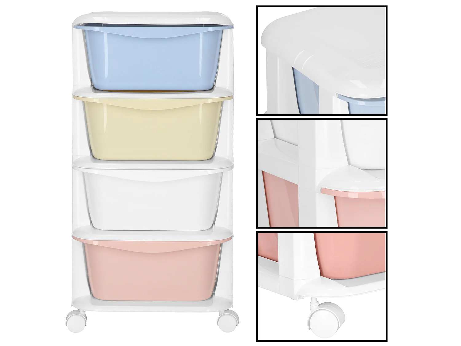 Étagère mobile à 4 tiroirs – conteneur à roulettes pour jouets, couleurs pastel