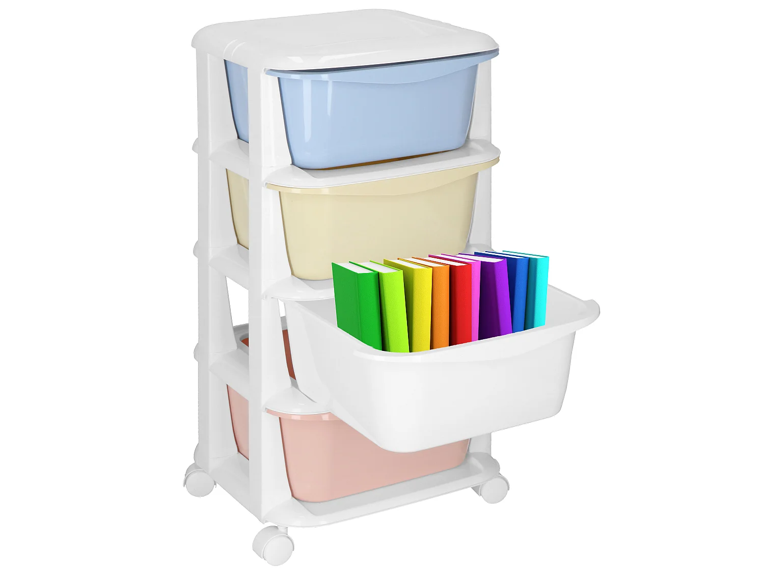 Étagère mobile à 4 tiroirs – conteneur à roulettes pour jouets, couleurs pastel