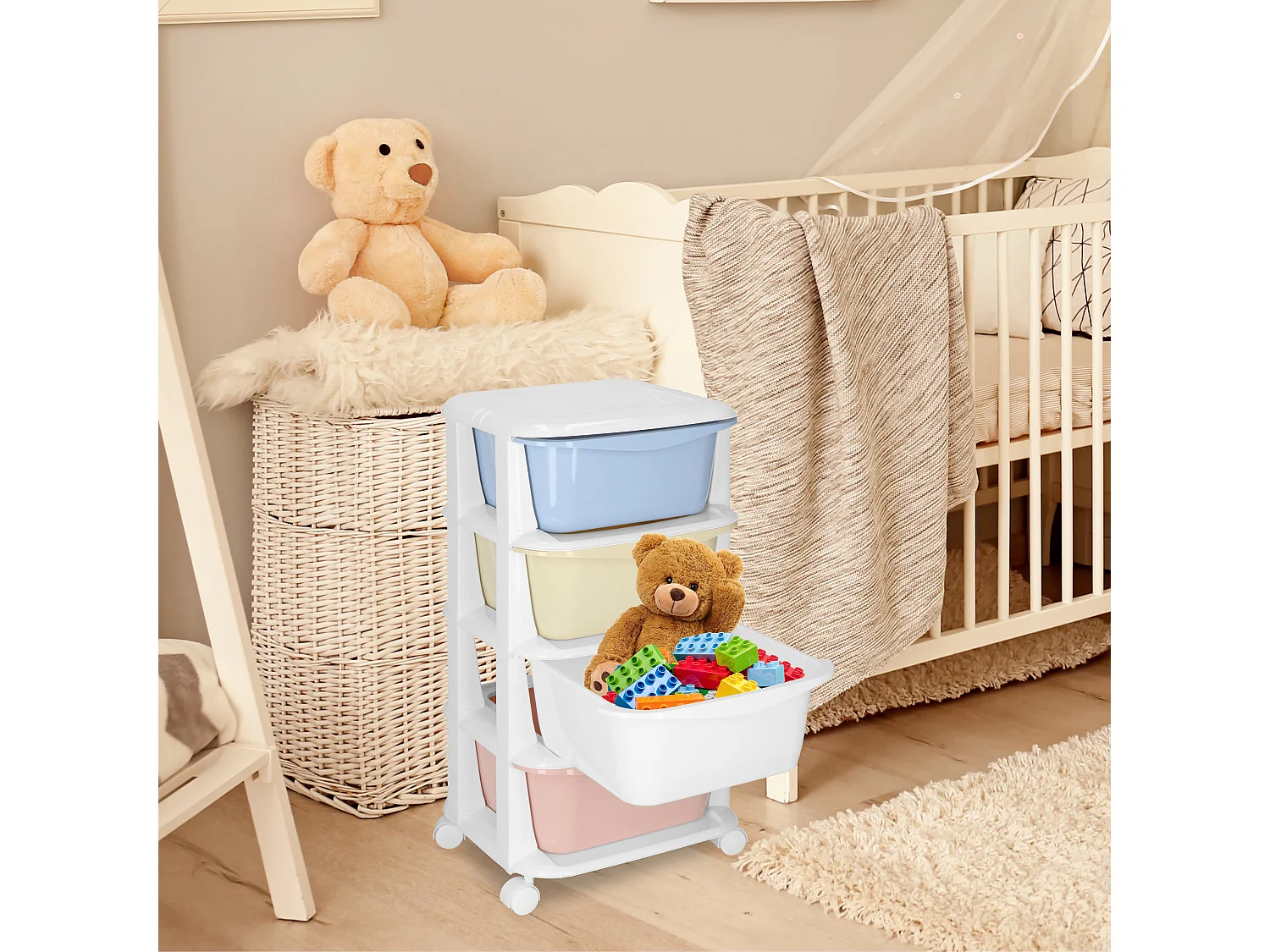 Étagère mobile à 4 tiroirs – conteneur à roulettes pour jouets, couleurs pastel
