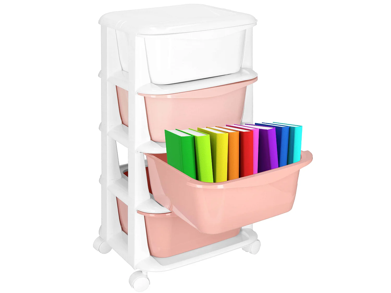 Étagère mobile à 4 tiroirs – meuble à roulettes pour jouets, rose et blanc