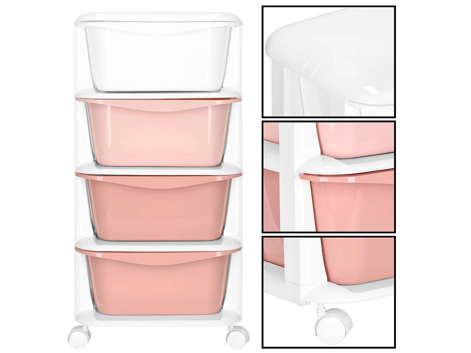 Étagère mobile à 4 tiroirs – meuble à roulettes pour jouets, rose et blanc