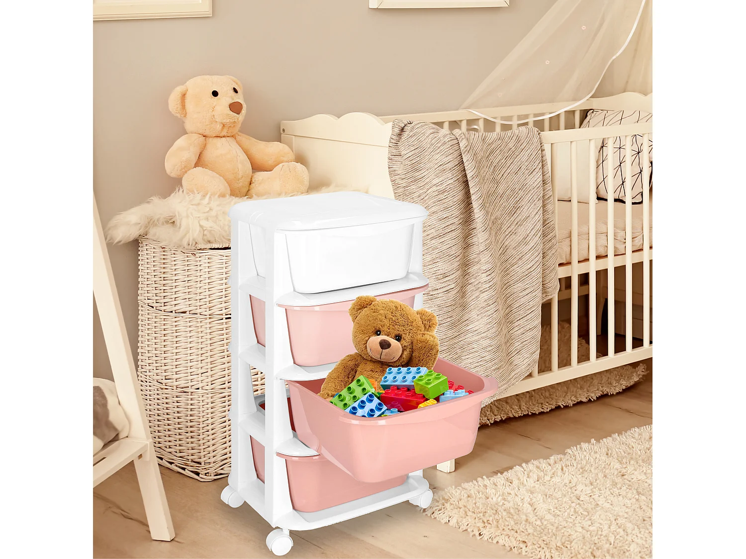 Étagère mobile à 4 tiroirs – meuble à roulettes pour jouets, rose et blanc