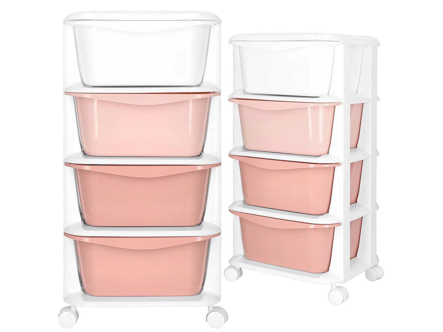 Étagère mobile à 4 tiroirs – meuble à roulettes pour jouets, rose et blanc
